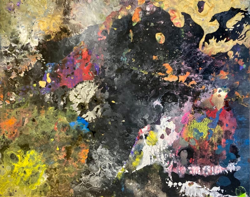 LEFT: Whore's Head Nebula (2021) Acrylic on canvas panel, 20 cm x 25 cm ~ CENTRE: Isle of Dogs (2021) Acrylic on canvas panel 20 cm x 25 cm ~ RIGHT: Octopuses Garden (2021) Acrylic on canvas panel, 20 cm x 25 cm 