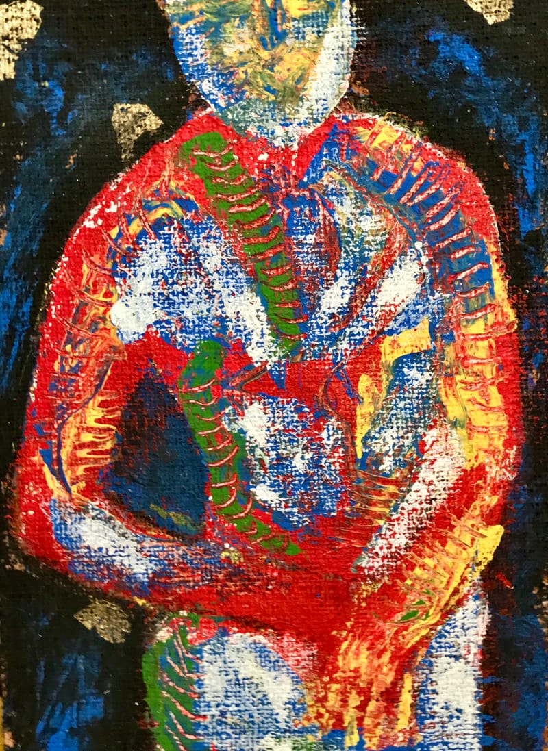 LEFT: Inconvenient Indian (2021) Acrylic on wood panel, 55 cm x 52.5 cm ~ CENTRE: Skin Deep (2020) Acrylic on canvas wood panel,27 cm x 38 cm ~ RIGHT: Nemesis (2021) Acrylic on canvas, 97 cm x 94 cm