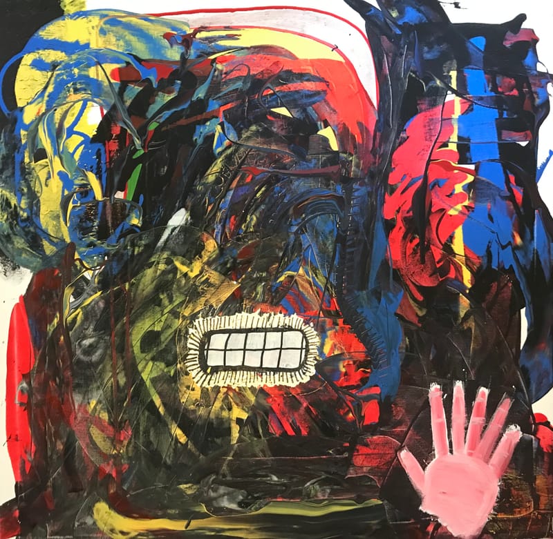 LEFT: Inconvenient Indian (2021) Acrylic on wood panel, 55 cm x 52.5 cm ~ CENTRE: Skin Deep (2020) Acrylic on canvas wood panel,27 cm x 38 cm ~ RIGHT: Nemesis (2021) Acrylic on canvas, 97 cm x 94 cm