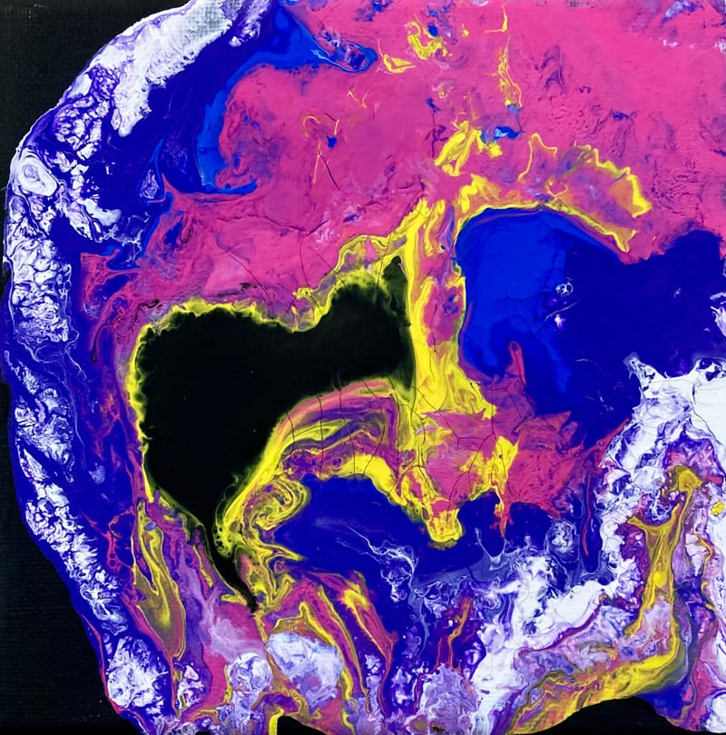 LEFT: Skull (2021) acrylic on canvas, 30 cm x 30 cm ~ CENTRE: Picture My Face (2021) acrylic on canvas, 30 cm x 30 cm ~ RIGHT: Mumbles (2021) acrylic on canvas, 30 cm x 30 cm