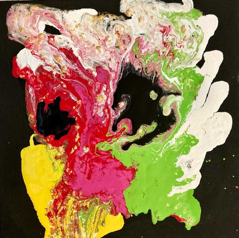 LEFT: Skull (2021) acrylic on canvas, 30 cm x 30 cm ~ CENTRE: Picture My Face (2021) acrylic on canvas, 30 cm x 30 cm ~ RIGHT: Mumbles (2021) acrylic on canvas, 30 cm x 30 cm