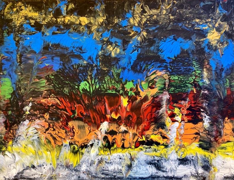 LEFT: Taking Tiger Mountain By Stragedy (2022) Acrylic on canvas, 46 cm x 356 cm ~ CENTRE: Screaming Trees (2022) Acrylic on canvas, 35.5 cm x 28 cm ~ RIGHT: Flowers Of Romance (2022) Acrylic on canvas, 51 cm x 40 cm