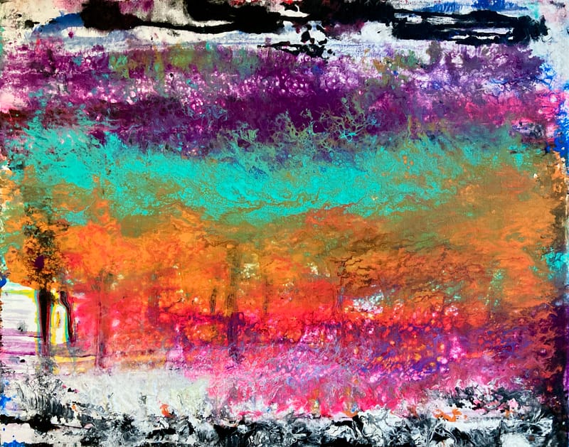 LEFT: Taking Tiger Mountain By Stragedy (2022) Acrylic on canvas, 46 cm x 356 cm ~ CENTRE: Screaming Trees (2022) Acrylic on canvas, 35.5 cm x 28 cm ~ RIGHT: Flowers Of Romance (2022) Acrylic on canvas, 51 cm x 40 cm