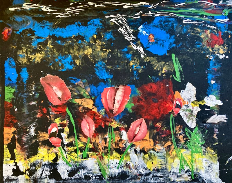 LEFT: Taking Tiger Mountain By Stragedy (2022) Acrylic on canvas, 46 cm x 356 cm ~ CENTRE: Screaming Trees (2022) Acrylic on canvas, 35.5 cm x 28 cm ~ RIGHT: Flowers Of Romance (2022) Acrylic on canvas, 51 cm x 40 cm