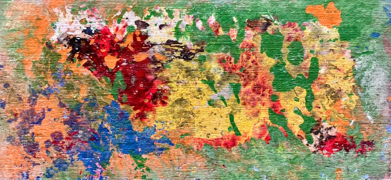 LEFT: Garden (2022) Acrylic on wood block, 16.5 cm x 8 cm ~ CENTRE: Sunset (2020) Acrylic on Canvas 45 cm x 22 cm