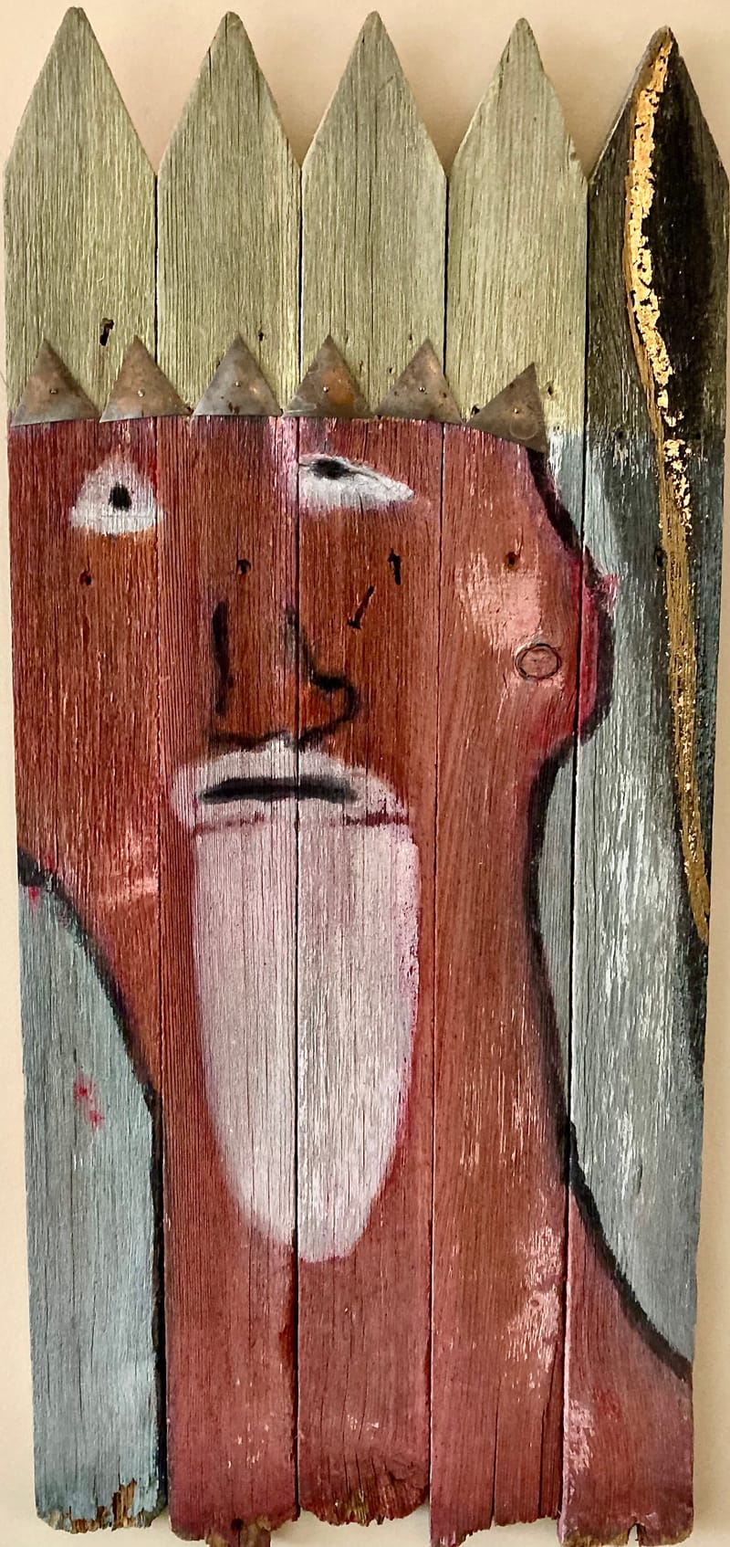 LEFT: Old King Lear (1998) Acrylic and metal on wood fencing, 34 cm x 74 cm ~ CENTRE: Madonna (2005) Acrylic and tiles on pastered wood panel, 22 cm x 28 cm ~ RIGHT: Mask (2007) Acrylic and gold leaf on roofing panel wirh barb wire, 34 cm x 24 cm