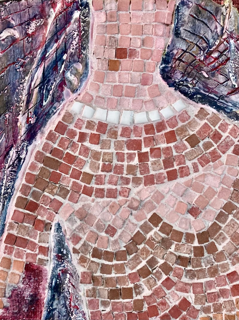 LEFT: Old King Lear (1998) Acrylic and metal on wood fencing, 34 cm x 74 cm ~ CENTRE: Madonna (2005) Acrylic and tiles on pastered wood panel, 22 cm x 28 cm ~ RIGHT: Mask (2007) Acrylic and gold leaf on roofing panel wirh barb wire, 34 cm x 24 cm