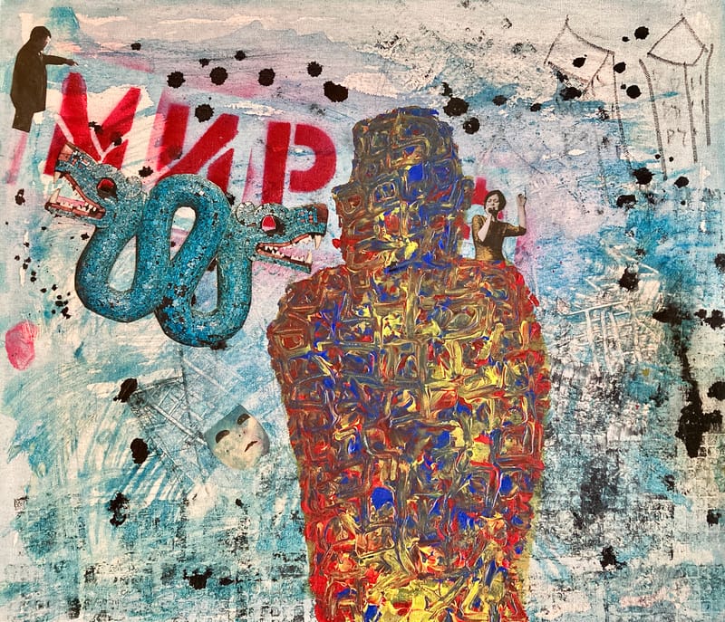 LEFT: War and Peace (2017) Acrylic, ink and collage on canvas, 53 cm x 46 cm ~ CENTRE: The Undercover Man (2017) acrylic, and collage on canvas, 58 cm x 46 cm ~ RIGHT: Abstract Matroshka Doll (2022) Acrylic on wood, 20 cm tall