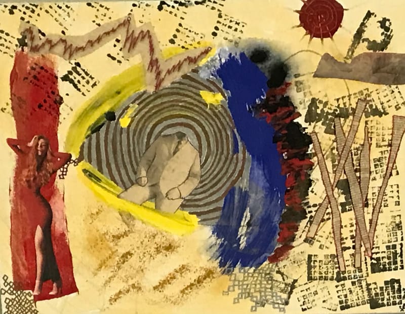 LEFT: War and Peace (2017) Acrylic, ink and collage on canvas, 53 cm x 46 cm ~ CENTRE: The Undercover Man (2017) acrylic, and collage on canvas, 58 cm x 46 cm ~ RIGHT: Abstract Matroshka Doll (2022) Acrylic on wood, 20 cm tall