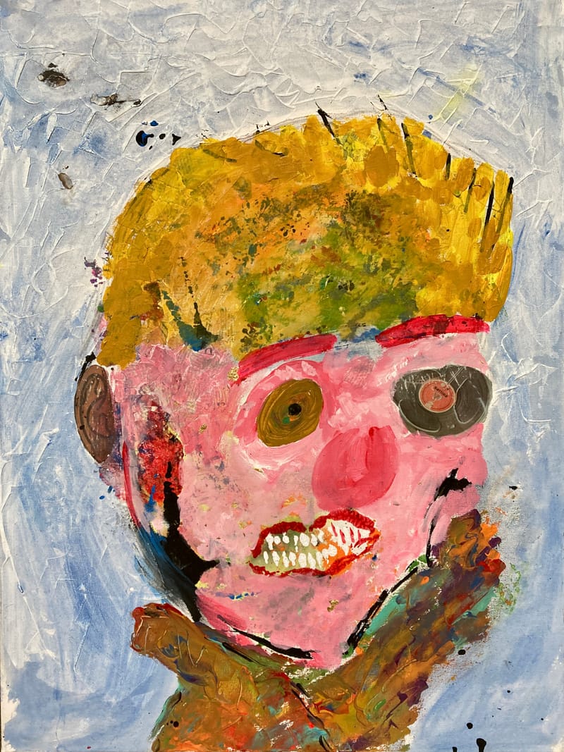 LEFT: The Altar of Me (2022) Acrylic, collage on canvas, 60 cm x 80 cm ~ CENTRE:  Mountain Energy (2023) Acrylic, ink on canvas, 50 cm x 40 cm