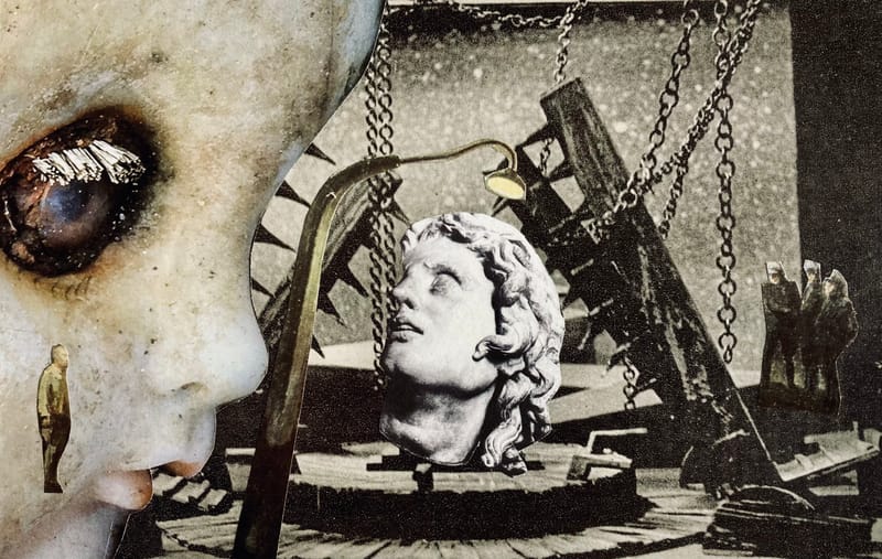 LEFT: All Along The Watchtower (2021) Collage, 18 cm x 13 cm ~ CENTRE: 21st Century Schizoid Man (2021) Collage, 20.5 cm x 14.5 cm  ~ RIGHT: Caucasian Chalk Circle (2021) Collage, 20 cm x 16 cm