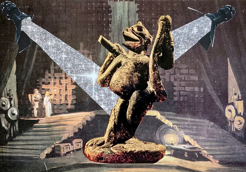 LEFT: Monkey Gone To Heaven (2021) Collage, 13 cm x 20 cm ~ CENTRE: The Revolution Will Not Be Televised (2021) Collage, 18 cm x 13 cm ~ RIGHT: Take Me To The River (2022) Collage 18 cm x 13 cm