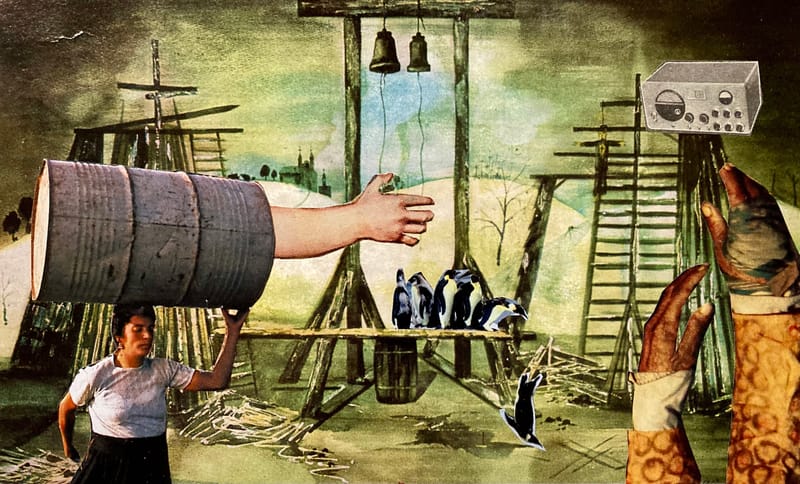 LEFT: Monkey Gone To Heaven (2021) Collage, 13 cm x 20 cm ~ CENTRE: The Revolution Will Not Be Televised (2021) Collage, 18 cm x 13 cm ~ RIGHT: Take Me To The River (2022) Collage 18 cm x 13 cm