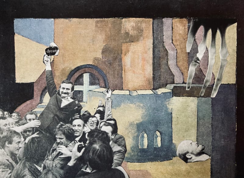 LEFT: The Land That Time Forgot (2021) Collage, 14.3 cm x 19.3 cm ~ CENTRE: Under The Volcano (2021) Collage, 18 cm x 13 cm ~ RIGHT: Waiting For Munroe (2021) Collage 16 cm x 12 cm