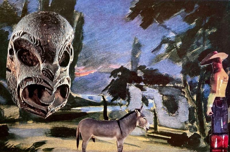 LEFT: The Land That Time Forgot (2021) Collage, 14.3 cm x 19.3 cm ~ CENTRE: Under The Volcano (2021) Collage, 18 cm x 13 cm ~ RIGHT: Waiting For Munroe (2021) Collage 16 cm x 12 cm