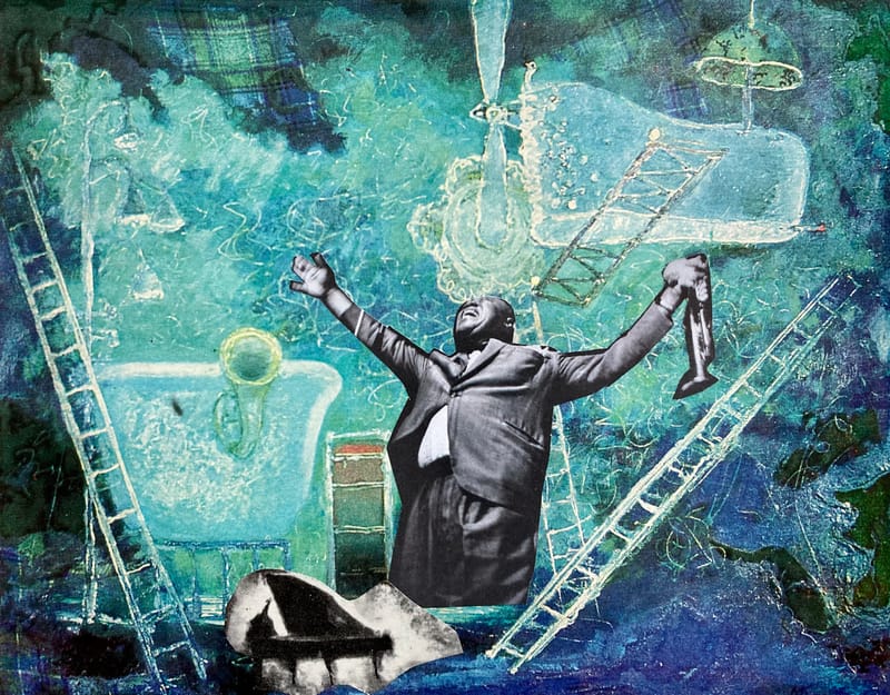 LEFT: Louie Louie! (2021) Collage, 19 cm x 15 cm ~ CENTRE: On Some Faraway Beach (2022) Collage, 18 cm x 13 cm ~ RIGHT: Reality Bites (2021) Collage, 19 cm x 14 cm