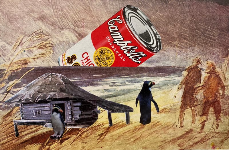 LEFT: Louie Louie! (2021) Collage, 19 cm x 15 cm ~ CENTRE: On Some Faraway Beach (2022) Collage, 18 cm x 13 cm ~ RIGHT: Reality Bites (2021) Collage, 19 cm x 14 cm