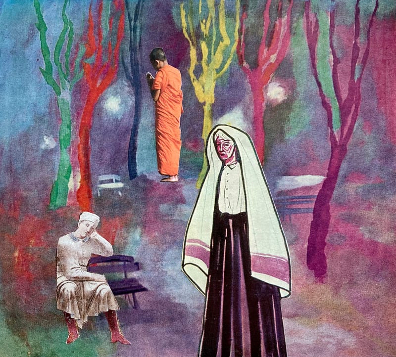 LEFT: Stiff Life (2021) Collage, 18 cm x 13 cm ~ CENTRE: Garden Of Eden After Dark (2021) Collage, 13.5 x 15 cm ~ RIGHT: Khufu At Night (2021) Collage 12 cm x 13 cm