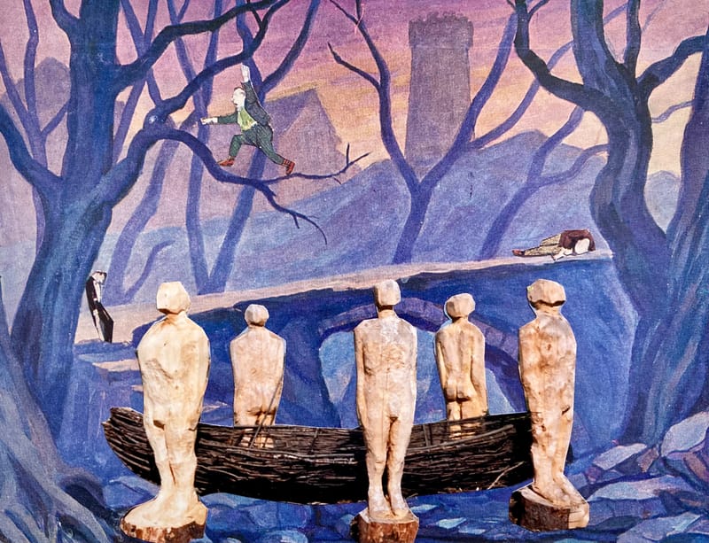 LEFT: The Dark Forest (2022) Collage, 18 cm x 13 cm ~ CENTRE: Suffragette City (2021) Collage, 18 cm x 13 cm ~ RIGHT: Final Battle Of Good And Evil (2021) Collage, 20 cm x 15 cm