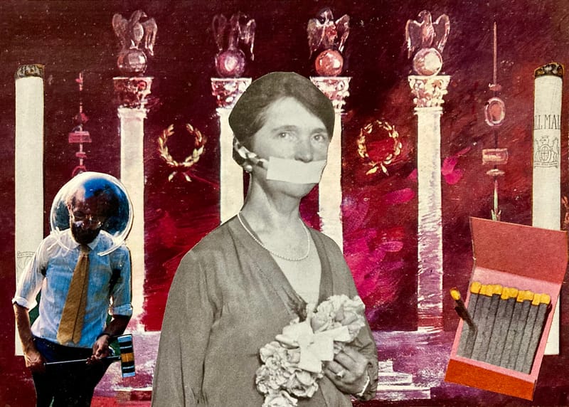 LEFT: The Dark Forest (2022) Collage, 18 cm x 13 cm ~ CENTRE: Suffragette City (2021) Collage, 18 cm x 13 cm ~ RIGHT: Final Battle Of Good And Evil (2021) Collage, 20 cm x 15 cm