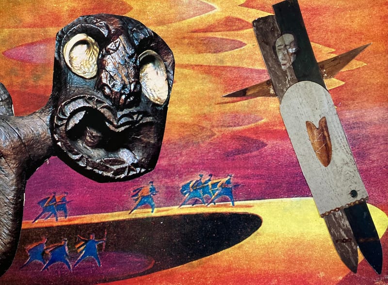 LEFT: The Dark Forest (2022) Collage, 18 cm x 13 cm ~ CENTRE: Suffragette City (2021) Collage, 18 cm x 13 cm ~ RIGHT: Final Battle Of Good And Evil (2021) Collage, 20 cm x 15 cm