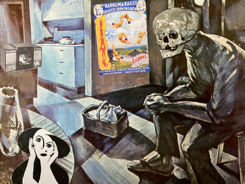 LEFT: Birdperson Ponders (2021) Collage, 18 cm x 13 cm ~ CENTRE: The Dawn Of Cinema (2021)  Collage, 18 cm x 13 cm ~ RIGHT: The Greatest Show On Earth (2021) Collage, 18 cm x 13 cm