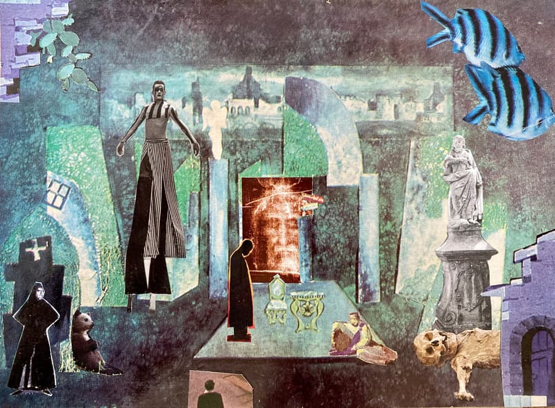 LEFT: Ghost In The Machine (2021) Collage, 18 cm x 13 cm ~ CENTRE: Let Go Your Ego (2021) Collage, 17 cm x 18 cm ~ RIGHT: In The Court Of The Crimson King (2022) Collage,  18 cm x 14 cm 