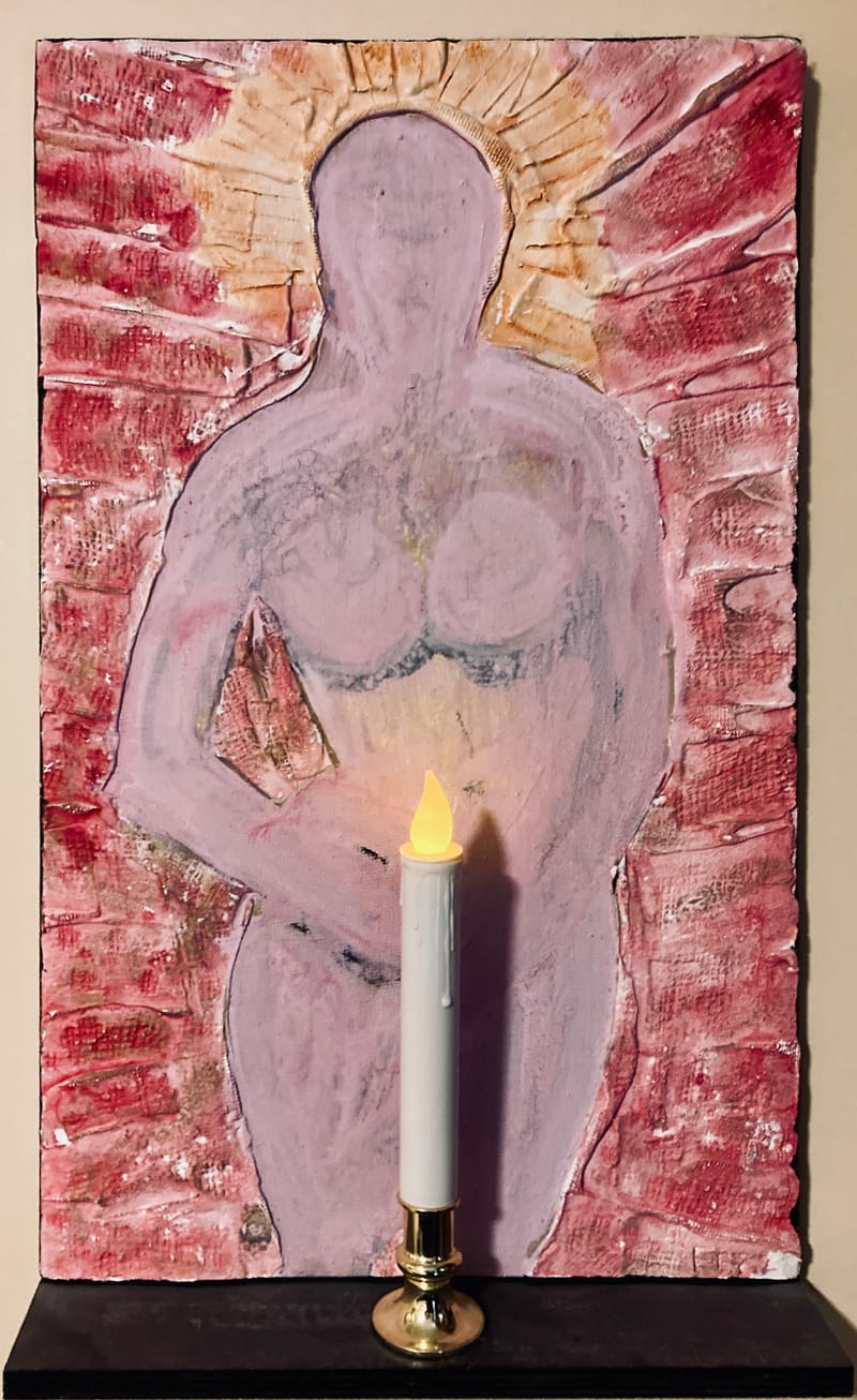 LEFT: Altar (2000) Acrylic on pastered wood panel with LED candle, 33 cm x 53 cm ~ CENTRE: The Judas Kiss (2005) colour paper on plaster 23 cm x 30 cm ~ RIGHT: Dream Catcher (1998) Milk paint on stenciled wood with wire, 38 cm x 58 cm