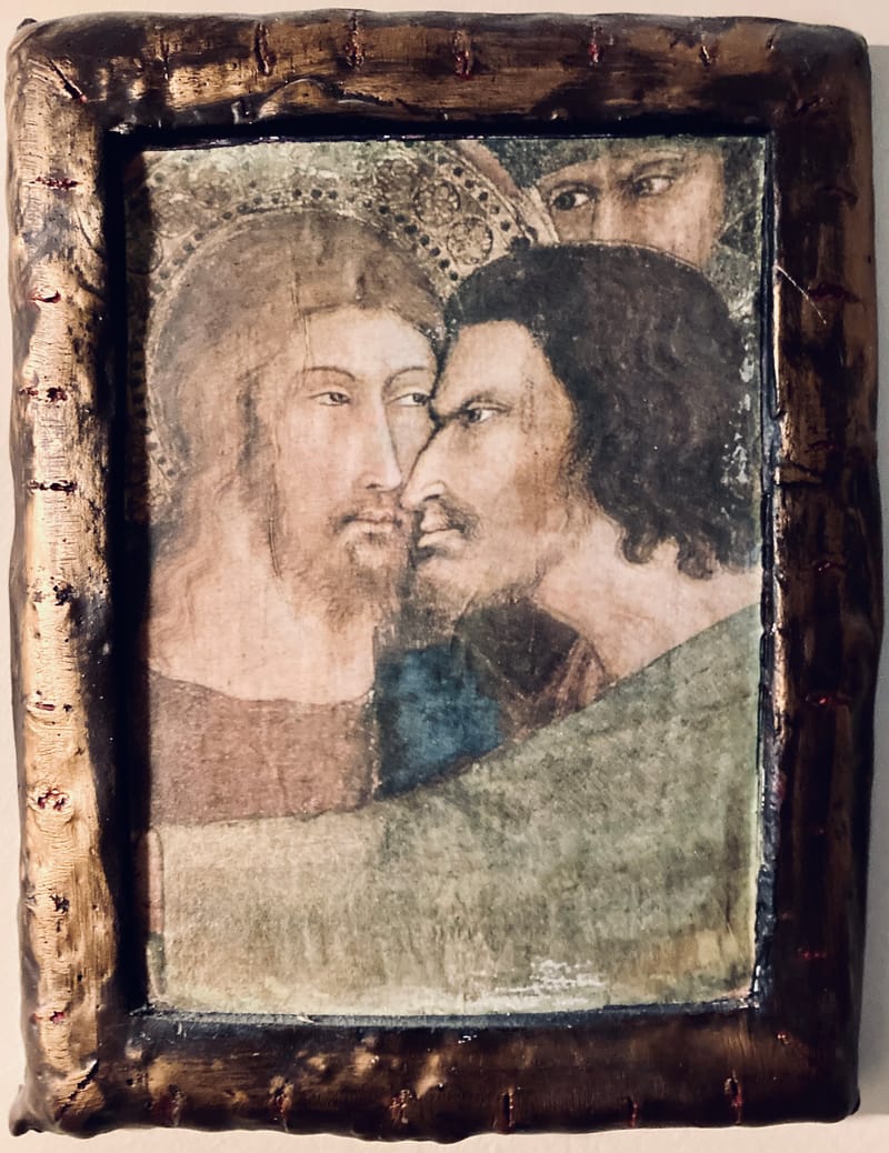 LEFT: Altar (2000) Acrylic on pastered wood panel with LED candle, 33 cm x 53 cm ~ CENTRE: The Judas Kiss (2005) colour paper on plaster 23 cm x 30 cm ~ RIGHT: Dream Catcher (1998) Milk paint on stenciled wood with wire, 38 cm x 58 cm