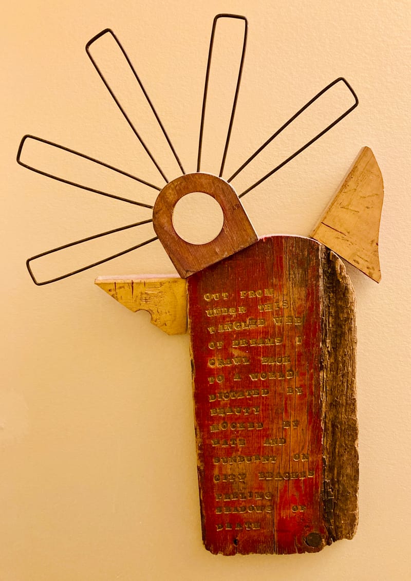 LEFT: Altar (2000) Acrylic on pastered wood panel with LED candle, 33 cm x 53 cm ~ CENTRE: The Judas Kiss (2005) colour paper on plaster 23 cm x 30 cm ~ RIGHT: Dream Catcher (1998) Milk paint on stenciled wood with wire, 38 cm x 58 cm