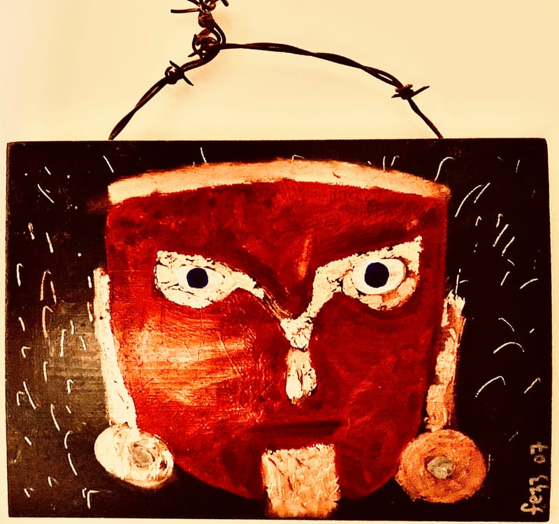 LEFT: Old King Lear (1998) Acrylic and metal on wood fencing, 34 cm x 74 cm ~ CENTRE: Madonna (2005) Acrylic and tiles on pastered wood panel, 22 cm x 28 cm ~ RIGHT: Mask (2007) Acrylic and gold leaf on roofing panel wirh barb wire, 34 cm x 24 cm