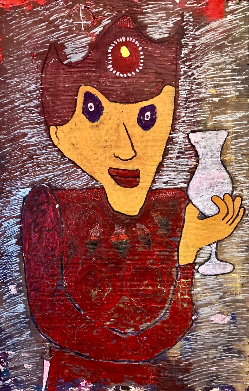 LEFT: Beer Witch (1987) Acrylic, milk paint on plywood, 30 cm x 40 cm ~ CENTRE: The Crushing Blow (1999) Milk paint, gold leaf, straw on wood, 30 cm x 56 cm ~ RIGHT: Red Church on a Hill (2021) Acrylic, gold leaf, newsprint on canvas, 40 cm x 50 cm 