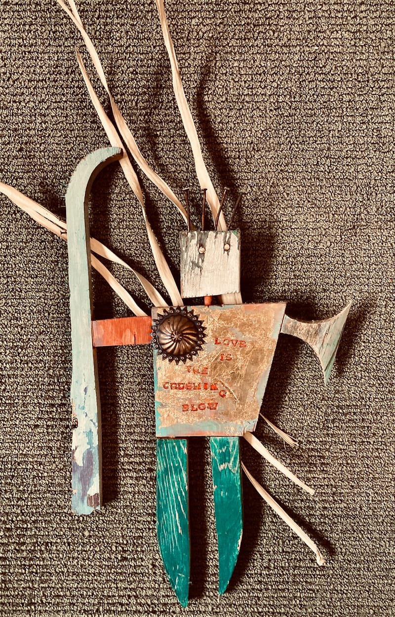 LEFT: Beer Witch (1987) Acrylic, milk paint on plywood, 30 cm x 40 cm ~ CENTRE: The Crushing Blow (1999) Milk paint, gold leaf, straw on wood, 30 cm x 56 cm ~ RIGHT: Red Church on a Hill (2021) Acrylic, gold leaf, newsprint on canvas, 40 cm x 50 cm 