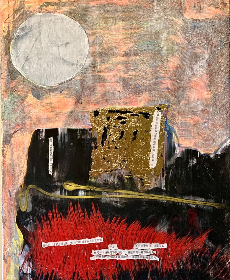 LEFT: Beer Witch (1987) Acrylic, milk paint on plywood, 30 cm x 40 cm ~ CENTRE: The Crushing Blow (1999) Milk paint, gold leaf, straw on wood, 30 cm x 56 cm ~ RIGHT: Red Church on a Hill (2021) Acrylic, gold leaf, newsprint on canvas, 40 cm x 50 cm 