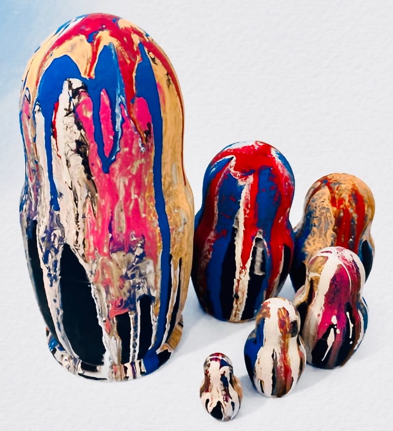 LEFT: War and Peace (2017) Acrylic, ink and collage on canvas, 53 cm x 46 cm ~ CENTRE: The Undercover Man (2017) acrylic, and collage on canvas, 58 cm x 46 cm ~ RIGHT: Abstract Matroshka Doll (2022) Acrylic on wood, 20 cm tall