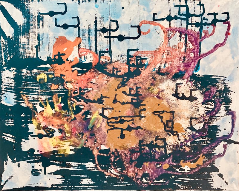 LEFT: The Altar of Me (2022) Acrylic, collage on canvas, 60 cm x 80 cm ~ CENTRE:  Mountain Energy (2023) Acrylic, ink on canvas, 50 cm x 40 cm