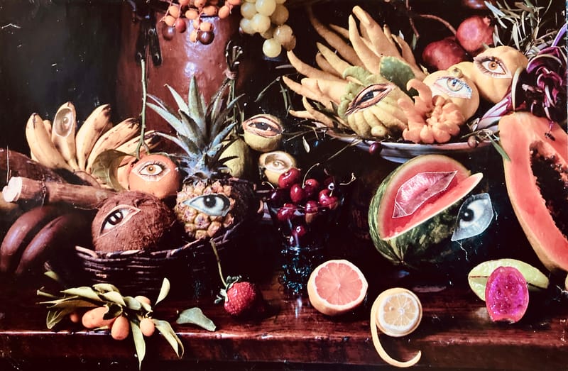 LEFT: Baby's On Fire (2023) 16 cm x 11 cm ~ CENTRE: That's Entertainment (2023) 20 cm x 25 cm ~ RIGHT: Still Life/The Eyes Have It (2023) 15 cm x 10 cm