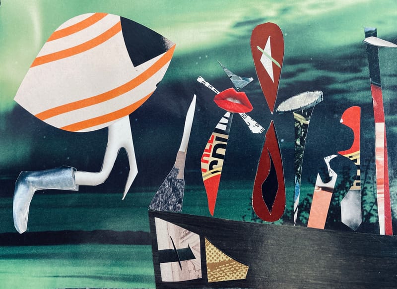 LEFT: Darmok & Jalad at Tanagra With Arms Open (2024) 12.5 cm x 9 cm ~ CENTRE: Ship of Fools (2024) 18 cm x 13 cm ~ RIGHT: Postacrd from the Edge (2024) 17 cm x 12 cm