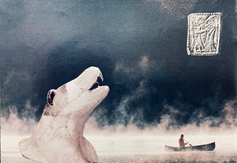 LEFT: Darmok & Jalad at Tanagra With Arms Open (2024) 12.5 cm x 9 cm ~ CENTRE: Ship of Fools (2024) 18 cm x 13 cm ~ RIGHT: Postacrd from the Edge (2024) 17 cm x 12 cm