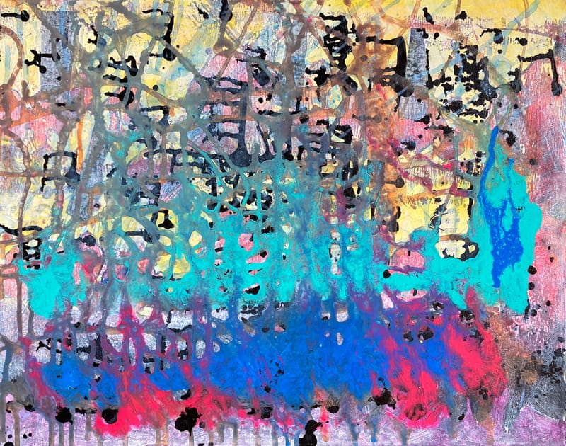 LEFT: The Dying Of The Light (2024) Acrylic on Canvas, 50 cm x 40 cm ~ Evolution (2024) Acrylic & Collage on Canvas, 28 cm x 28 cm ~ Exodus (2024) Acrylic & Ink on Canvas, 76 cm x 60 cm