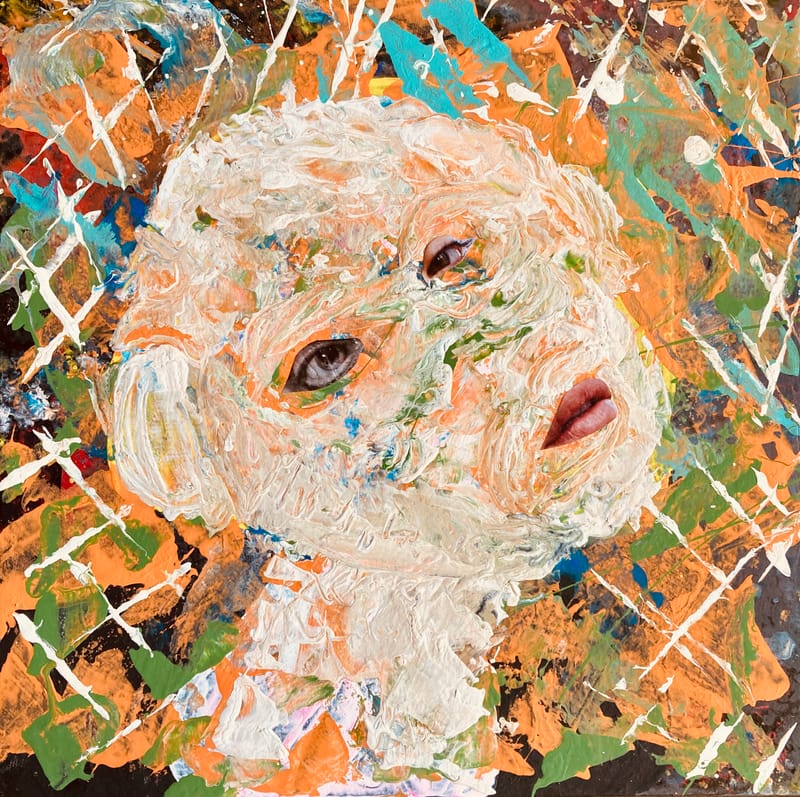 LEFT: The Dying Of The Light (2024) Acrylic on Canvas, 50 cm x 40 cm ~ Evolution (2024) Acrylic & Collage on Canvas, 28 cm x 28 cm ~ Exodus (2024) Acrylic & Ink on Canvas, 76 cm x 60 cm