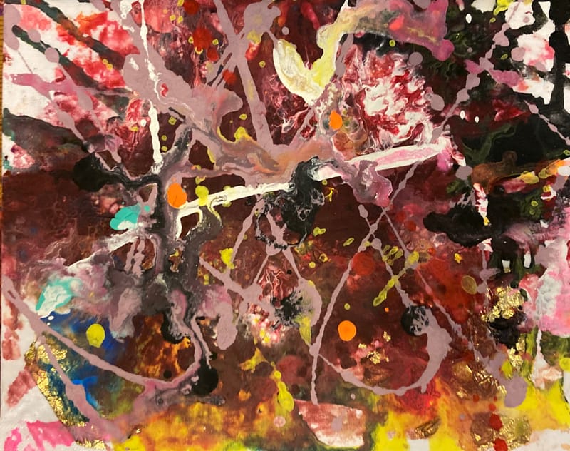 LEFT: New Dawn Fades (2024) Acrylic on Canvas, 35 cm x 28 cm ~ CENTRE: A Forest (2024) Acrylic, Pencil  & Gold Leaf on Canvas. 76 cm x 60 cm ~ RIGHT: Over To You (2024) Acrylic on Canvas, 25 cm x 20 cm