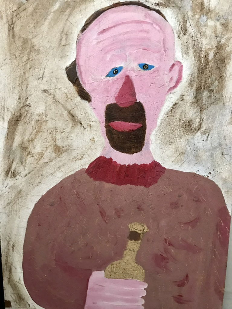 LEFT: Angel's Flight (2011) Acrylic, Gold Leaf, Ink on Canvas, 50 cm x 76 cm ~ CENTRE: Self Portrait (2012) Acrylic on Particle Board, 41 cm x 87 cm ~ RIGHT: Young Couple (1990) Acrylic on Canvas,  87 cm x 107 cm