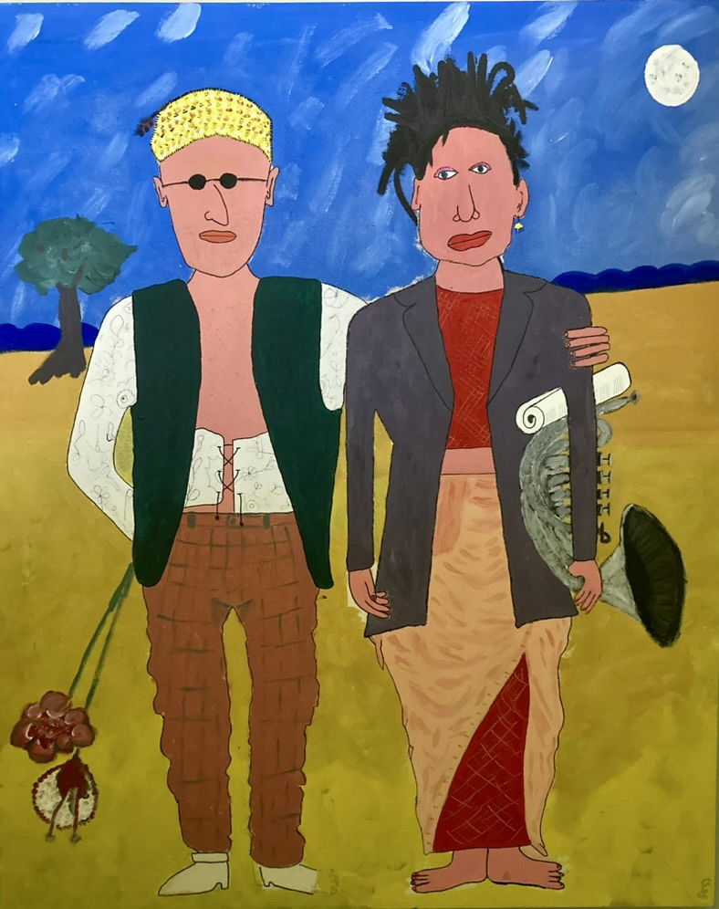 LEFT: Angel's Flight (2011) Acrylic, Gold Leaf, Ink on Canvas, 50 cm x 76 cm ~ CENTRE: Self Portrait (2012) Acrylic on Particle Board, 41 cm x 87 cm ~ RIGHT: Young Couple (1990) Acrylic on Canvas,  87 cm x 107 cm