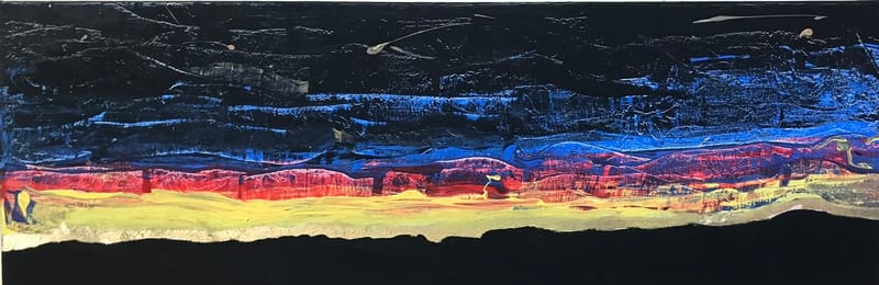 LEFT: Garden (2022) Acrylic on wood block, 16.5 cm x 8 cm ~ CENTRE: Sunset (2020) Acrylic on Canvas 45 cm x 22 cm