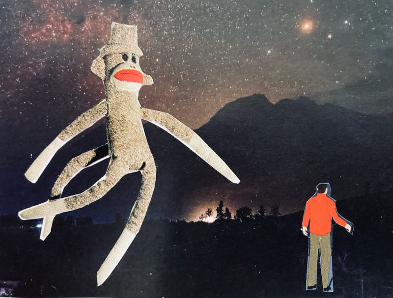 LEFT: Revenge of the Sock Monkey (2024) 8 cm x 5.5 cm ~ CENTRE: Moonage Daydream (2024) 7 cm x 7 cm ~ RIGHT: There's Got To Be More Than This (2024) 5.5 cm x 8 cm