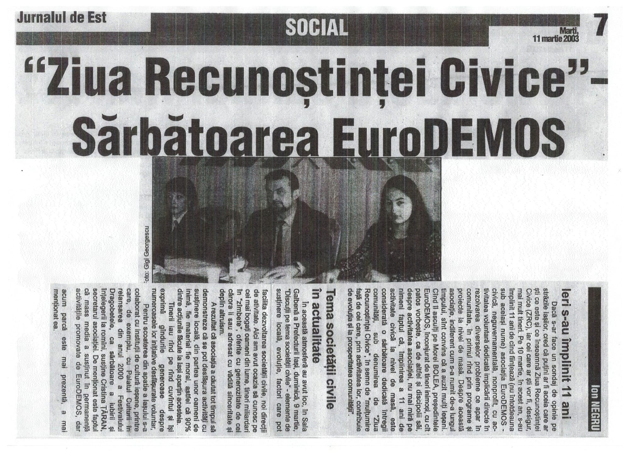 Ziua Recunoştinţei Civice, la iniţiativa lui Morel Bolea preşedinte EuroDEMOS