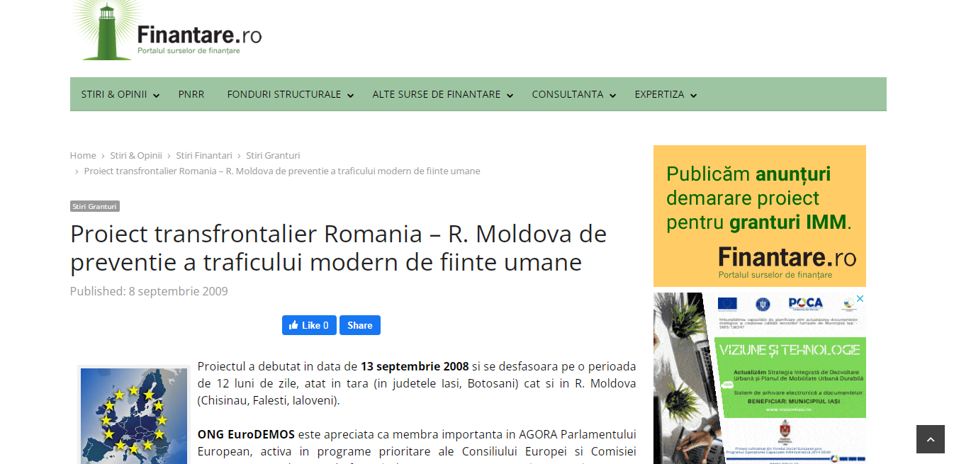 Proiect transfrontalier Romania – R. Moldova de preventie a traficului modern de fiinte umane