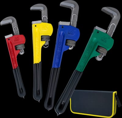 KOTTO 4 Pack Set Heavy Duty Pipe Wrench Set Heat Treated Adjustable 8, 10, 12, 14 Inches Soft Grip Plumbing Wrench Set with Storage Bag (Colored)