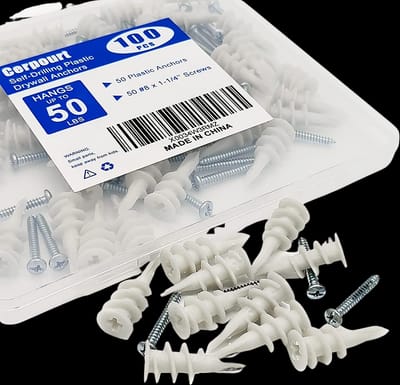 #8 Self Drilling Drywall Threaded Anchors,100 Pcs Wall Anchors and Screws for Drywall,50 Plastic Dry Wall Sheetrock Anchors +50# 8x1-1/4'' Phillips Screws Assortment Kit for Wall Hanging and Mounting